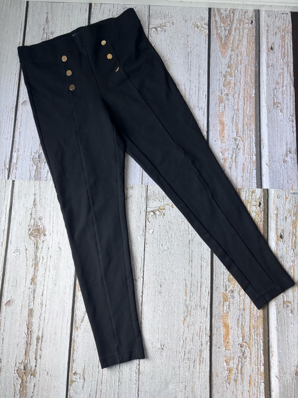 High-Waist Black Straight-Leg Pants with Gold Button Accents